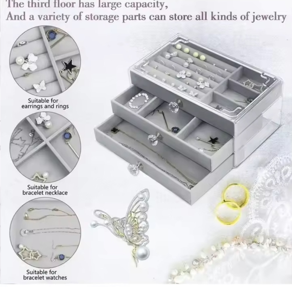 Chic White Jewelry Organizer with Clear Lid and Multiple Compartments
0227 - Picture 6 of 7